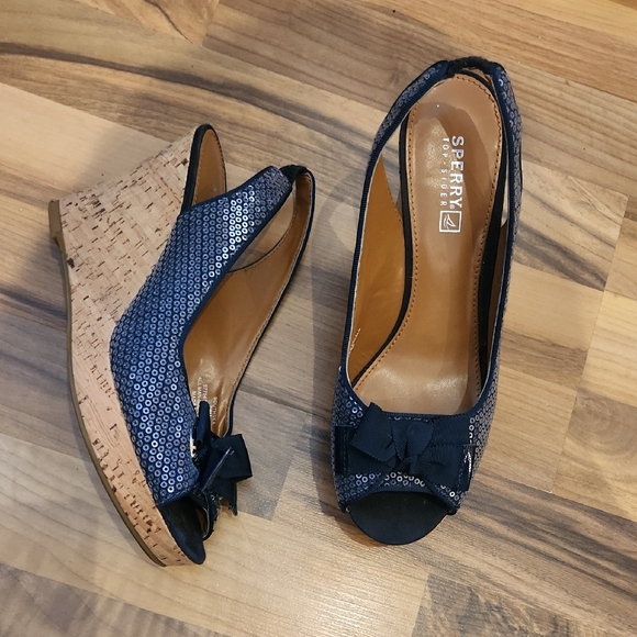 Sperry Shoes - Sperry Navy Sequin Slingback Cork Wedges with Bow